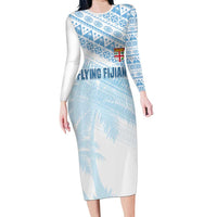Fiji Rugby Custom Kaiviti Masi Long Sleeve Bodycon Dress Turquoise - Polynesian Pride