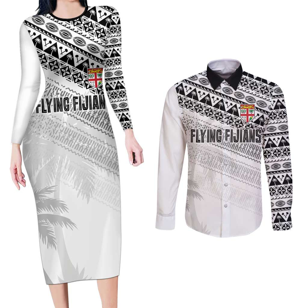 Fiji Rugby Custom Kaiviti Masi Couples Matching Long Sleeve Bodycon Dress and Long Sleeve Button Shirt Black - Polynesian Pride