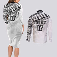 Fiji Rugby Custom Kaiviti Masi Couples Matching Long Sleeve Bodycon Dress and Long Sleeve Button Shirt Black - Polynesian Pride