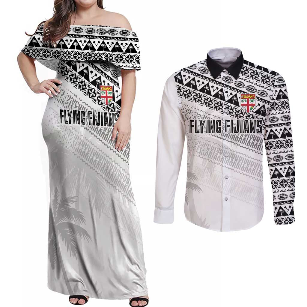 Fiji Rugby Custom Kaiviti Masi Couples Matching Off Shoulder Maxi Dress and Long Sleeve Button Shirt Black - Polynesian Pride