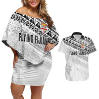 Fiji Rugby Custom Kaiviti Masi Couples Matching Off Shoulder Short Dress and Hawaiian Shirt Black - Polynesian Pride