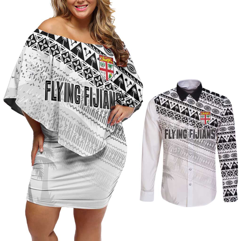 Fiji Rugby Custom Kaiviti Masi Couples Matching Off Shoulder Short Dress and Long Sleeve Button Shirt Black - Polynesian Pride