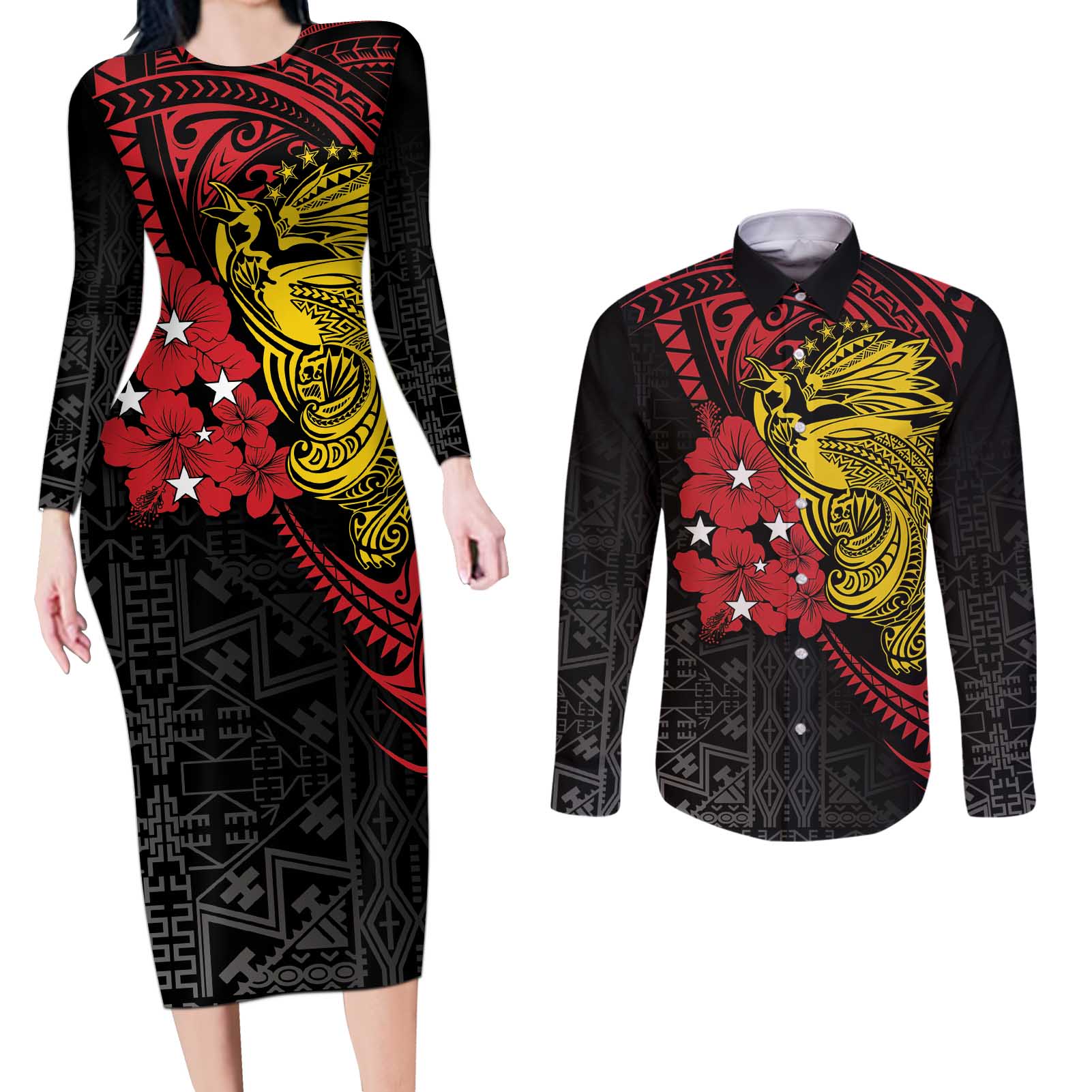 Papua New Guinea 49th Independence Day Couples Matching Long Sleeve Bodycon Dress and Long Sleeve Button Shirt Motuan Revareva Bird-of-Paradise