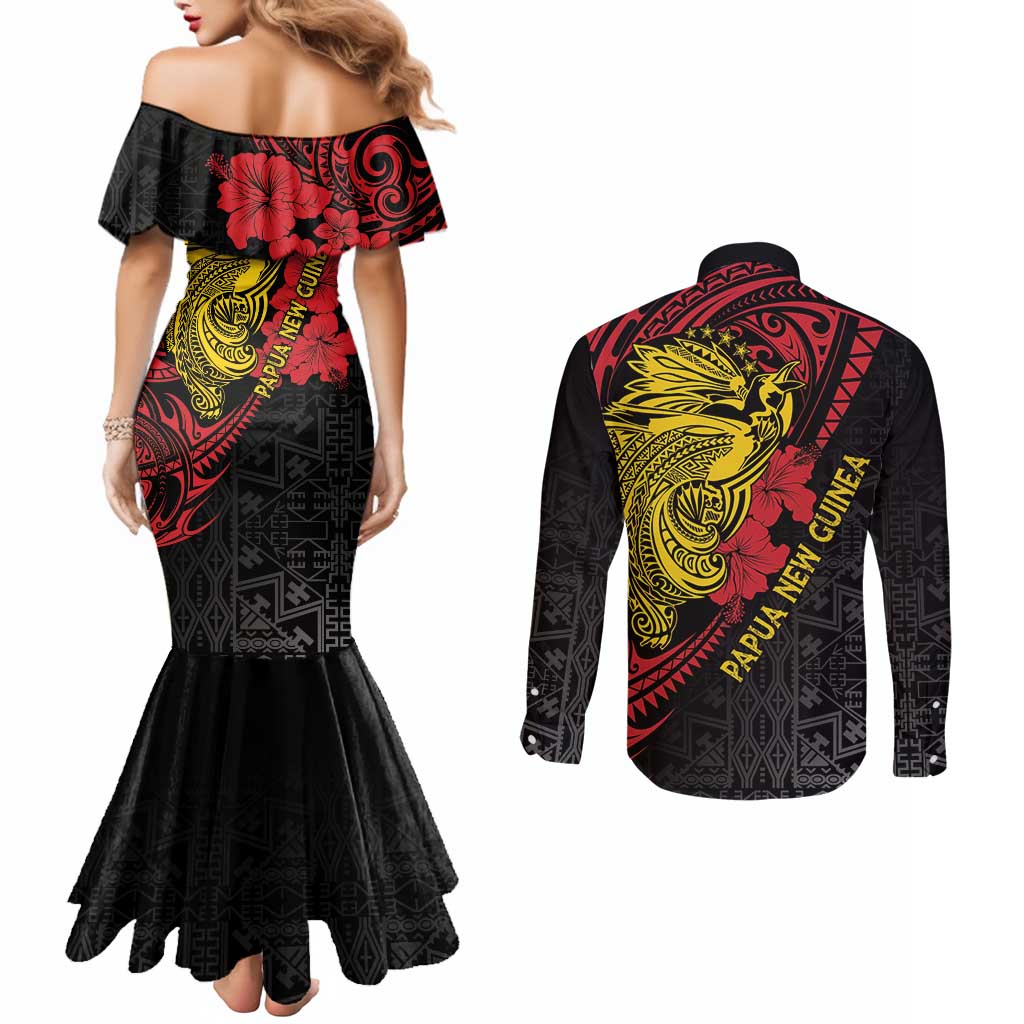 Papua New Guinea 49th Independence Day Couples Matching Mermaid Dress and Long Sleeve Button Shirt Motuan Revareva Bird-of-Paradise