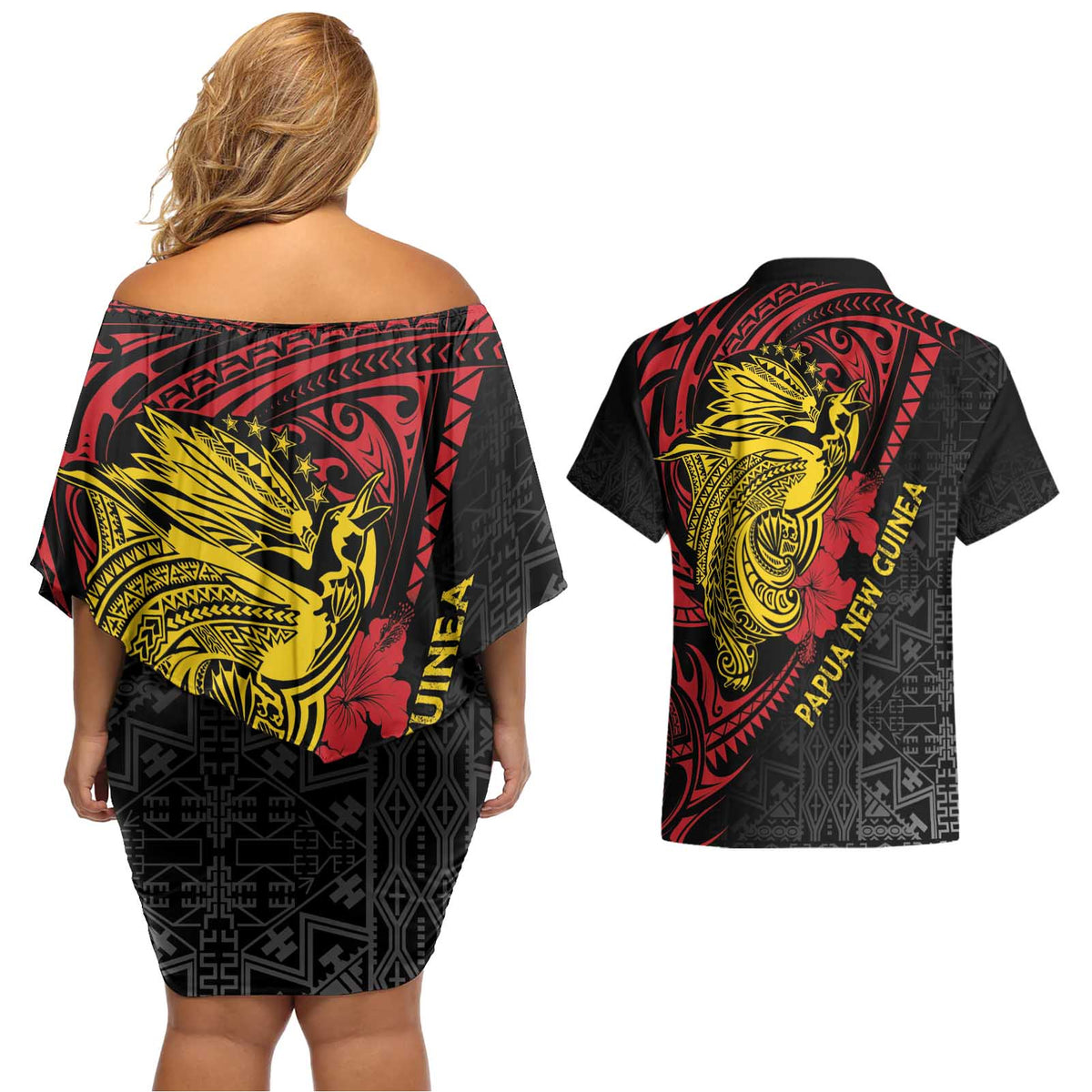 Papua New Guinea 49th Independence Day Couples Matching Off Shoulder Short Dress and Hawaiian Shirt Motuan Revareva Bird-of-Paradise