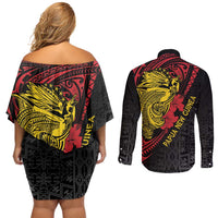 Papua New Guinea 49th Independence Day Couples Matching Off Shoulder Short Dress and Long Sleeve Button Shirt Motuan Revareva Bird-of-Paradise