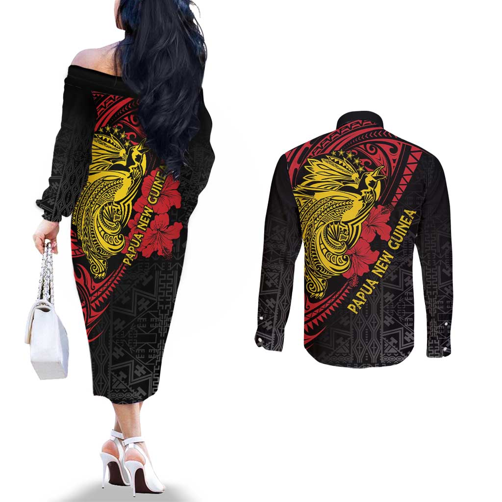 Papua New Guinea 49th Independence Day Couples Matching Off The Shoulder Long Sleeve Dress and Long Sleeve Button Shirt Motuan Revareva Bird-of-Paradise