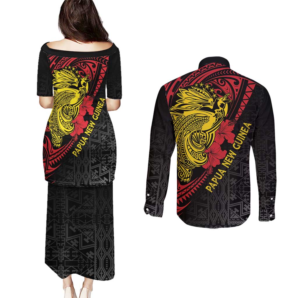 Papua New Guinea 49th Independence Day Couples Matching Puletasi and Long Sleeve Button Shirt Motuan Revareva Bird-of-Paradise