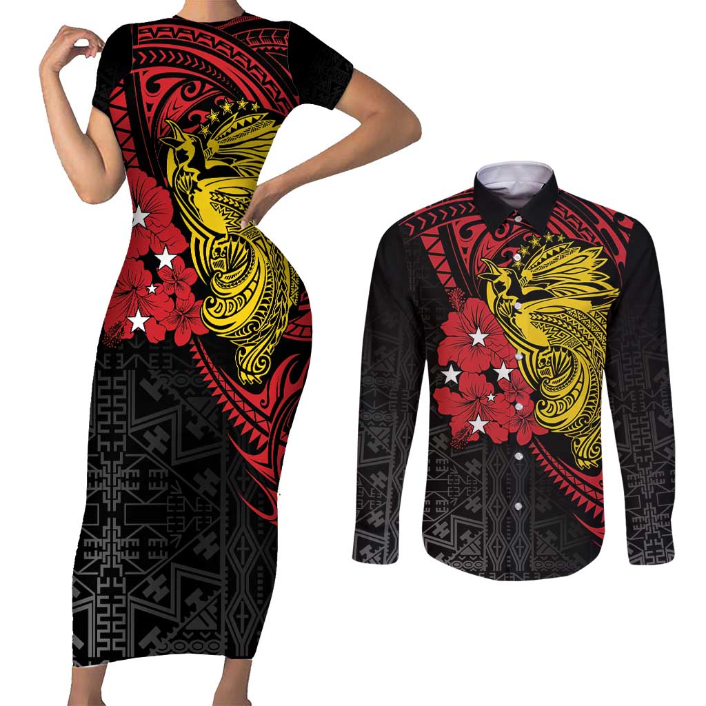 Papua New Guinea 49th Independence Day Couples Matching Short Sleeve Bodycon Dress and Long Sleeve Button Shirt Motuan Revareva Bird-of-Paradise