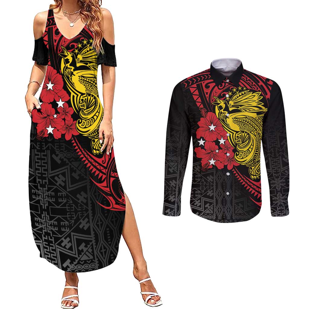 Papua New Guinea 49th Independence Day Couples Matching Summer Maxi Dress and Long Sleeve Button Shirt Motuan Revareva Bird-of-Paradise