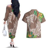 Polynesia Couples Matching Off The Shoulder Long Sleeve Dress and Hawaiian Shirt Sharks Duo Tropical Brown