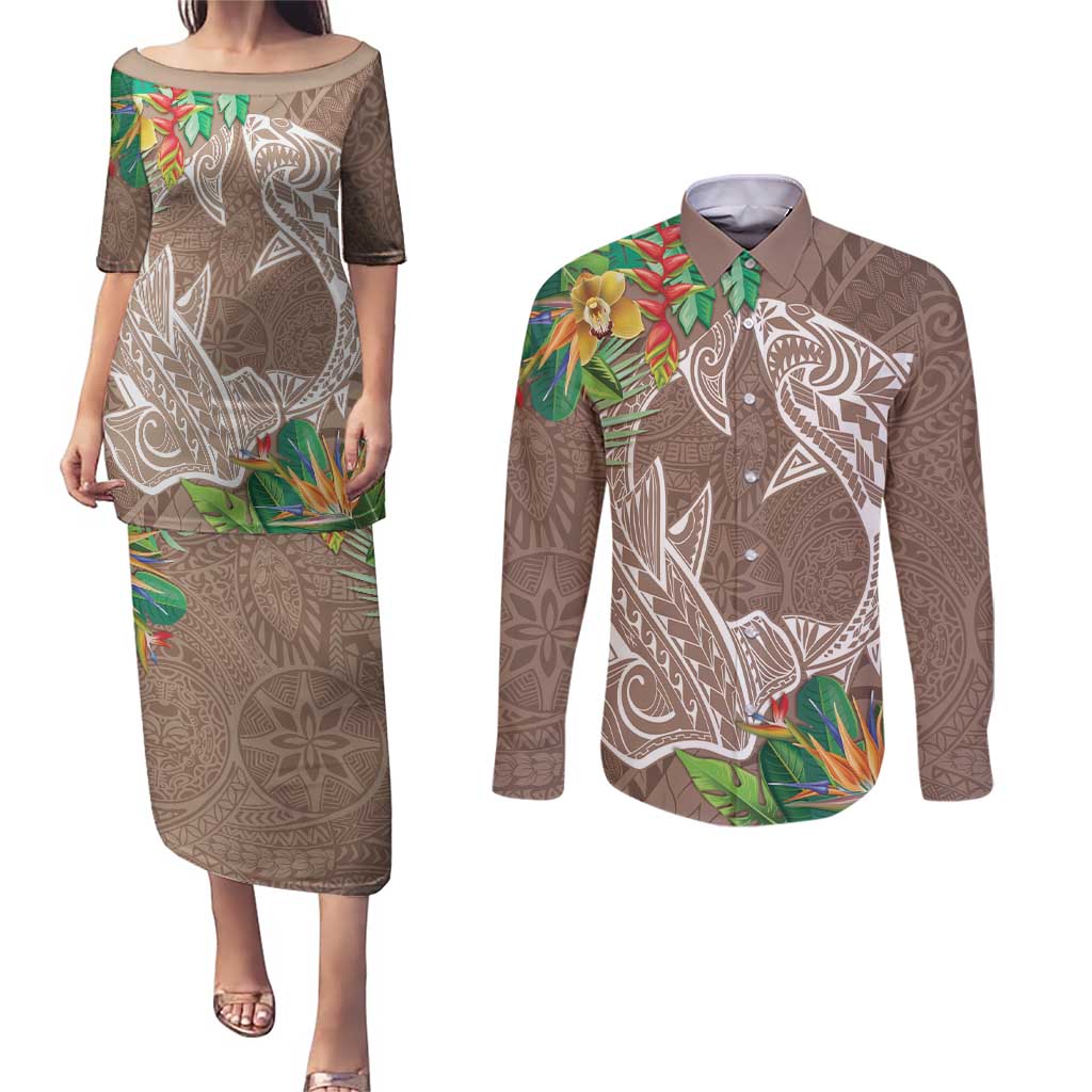 Polynesia Couples Matching Puletasi and Long Sleeve Button Shirt Sharks Duo Tropical Brown