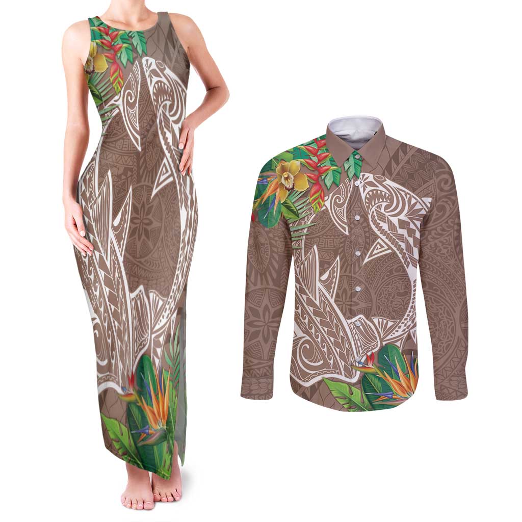 Polynesia Couples Matching Tank Maxi Dress and Long Sleeve Button Shirt Sharks Duo Tropical Brown