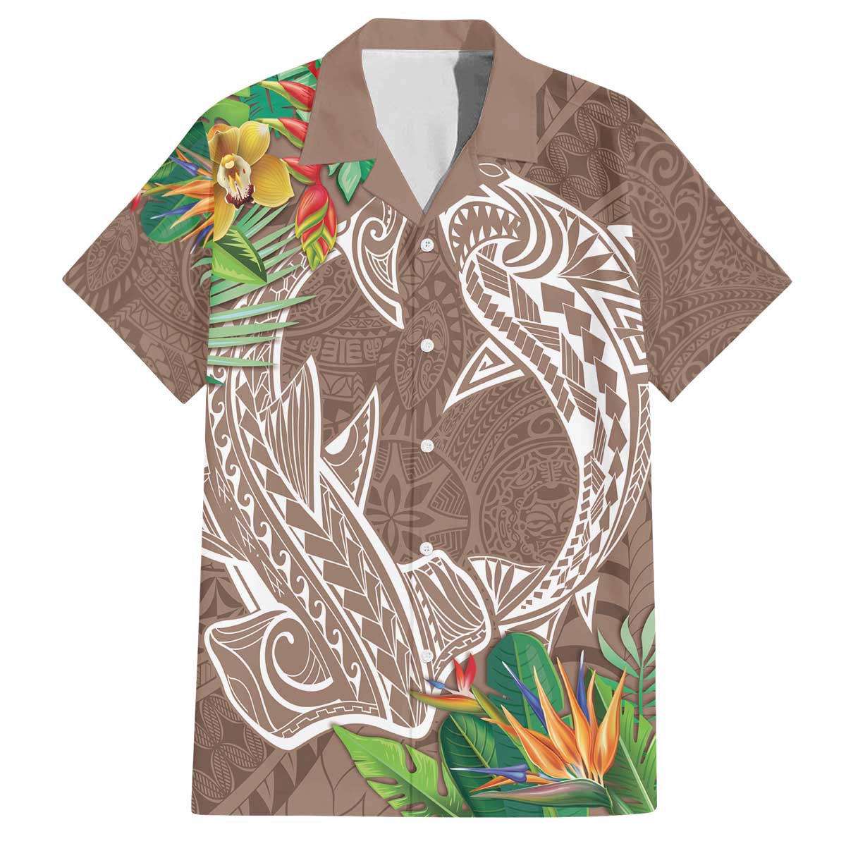 Polynesia Family Matching Off Shoulder Short Dress and Hawaiian Shirt Sharks Duo Tropical Brown