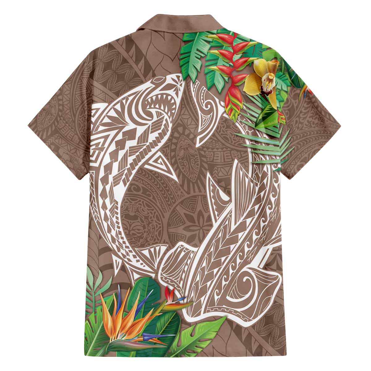 Polynesia Family Matching Off Shoulder Short Dress and Hawaiian Shirt Sharks Duo Tropical Brown