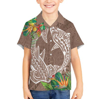 Polynesia Family Matching Off Shoulder Short Dress and Hawaiian Shirt Sharks Duo Tropical Brown