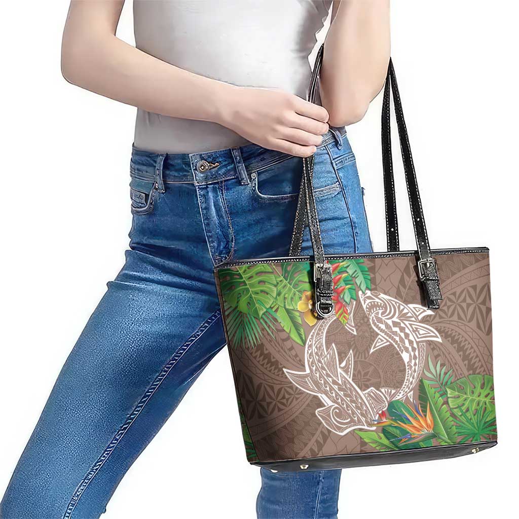 Polynesia Leather Tote Bag Sharks Duo Tropical Brown