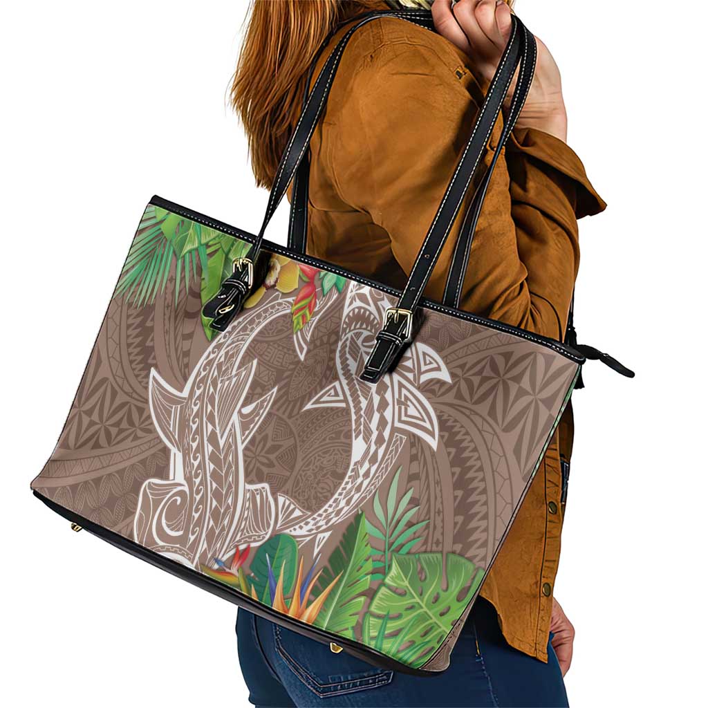 Polynesia Leather Tote Bag Sharks Duo Tropical Brown