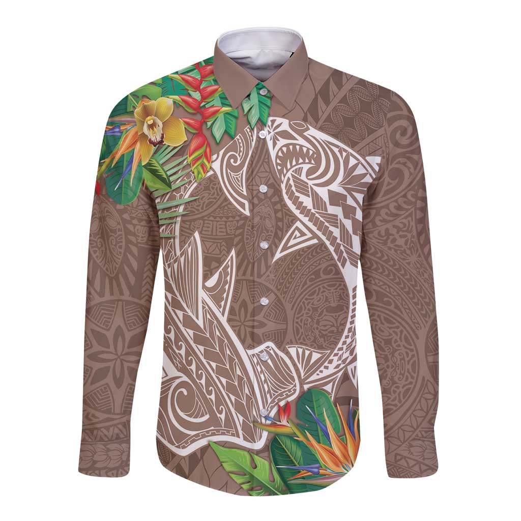 Polynesia Long Sleeve Button Shirt Sharks Duo Tropical Brown LT7 Unisex Brown - Polynesian Pride