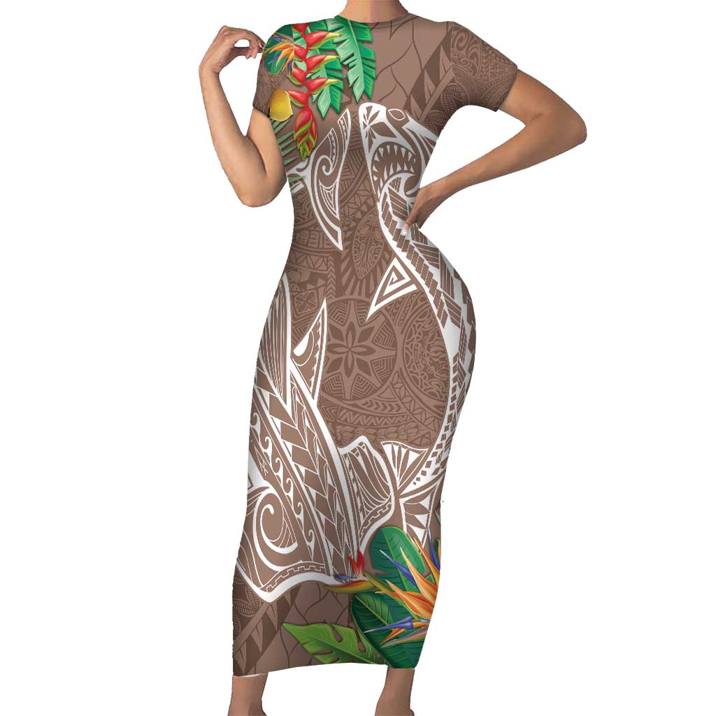 Polynesia Short Sleeve Bodycon Dress Sharks Duo Tropical Brown