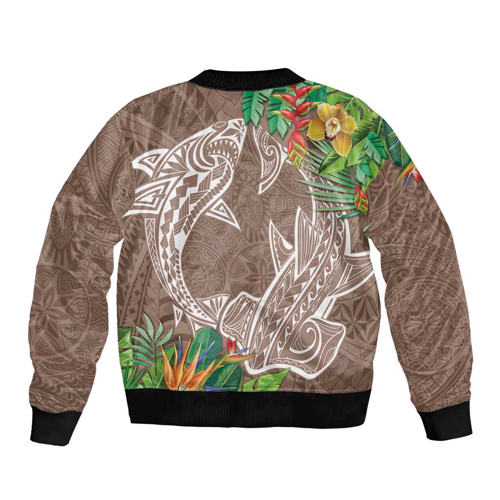 Polynesia Sleeve Zip Bomber Jacket Sharks Duo Tropical Brown