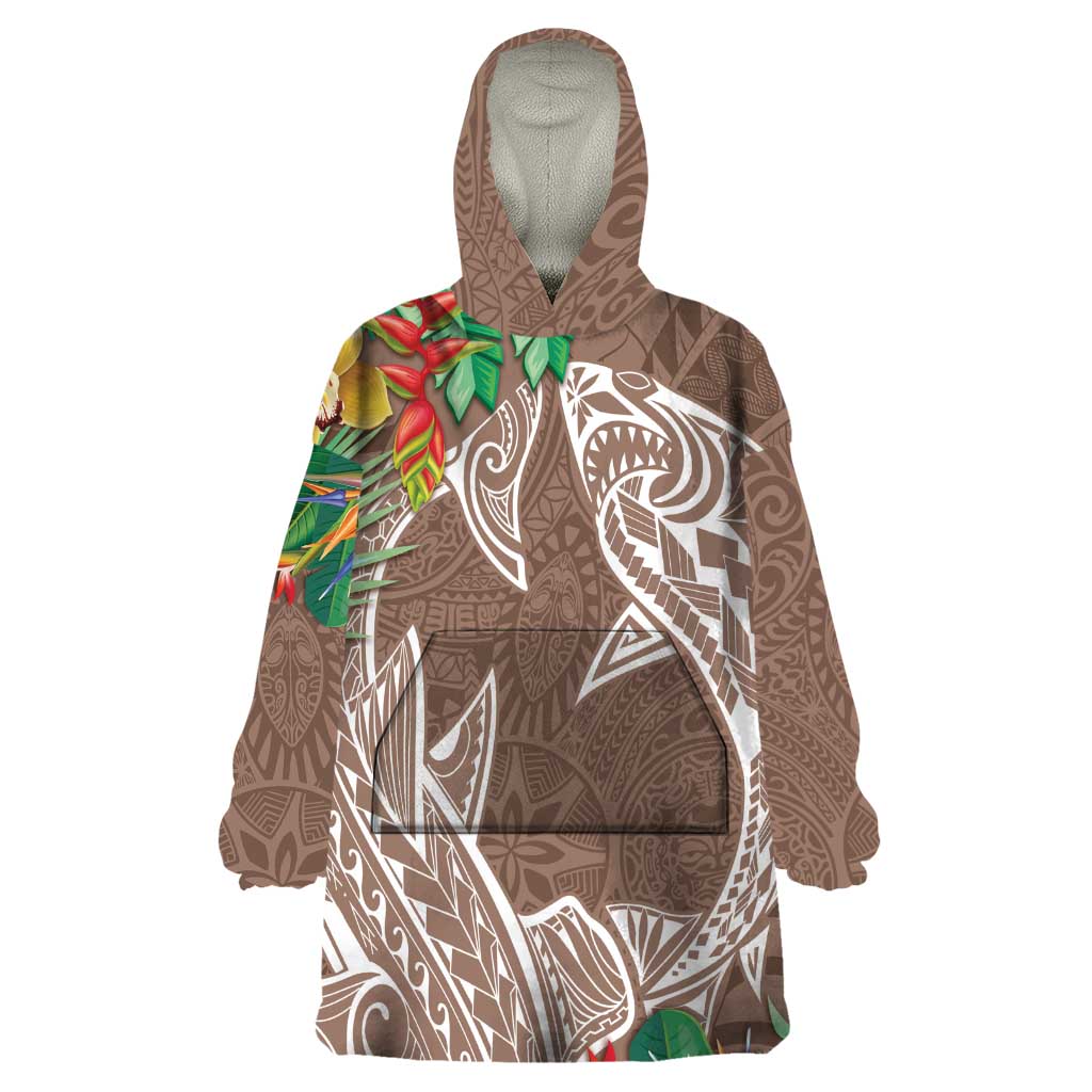 Polynesia Wearable Blanket Hoodie Sharks Duo Tropical Brown