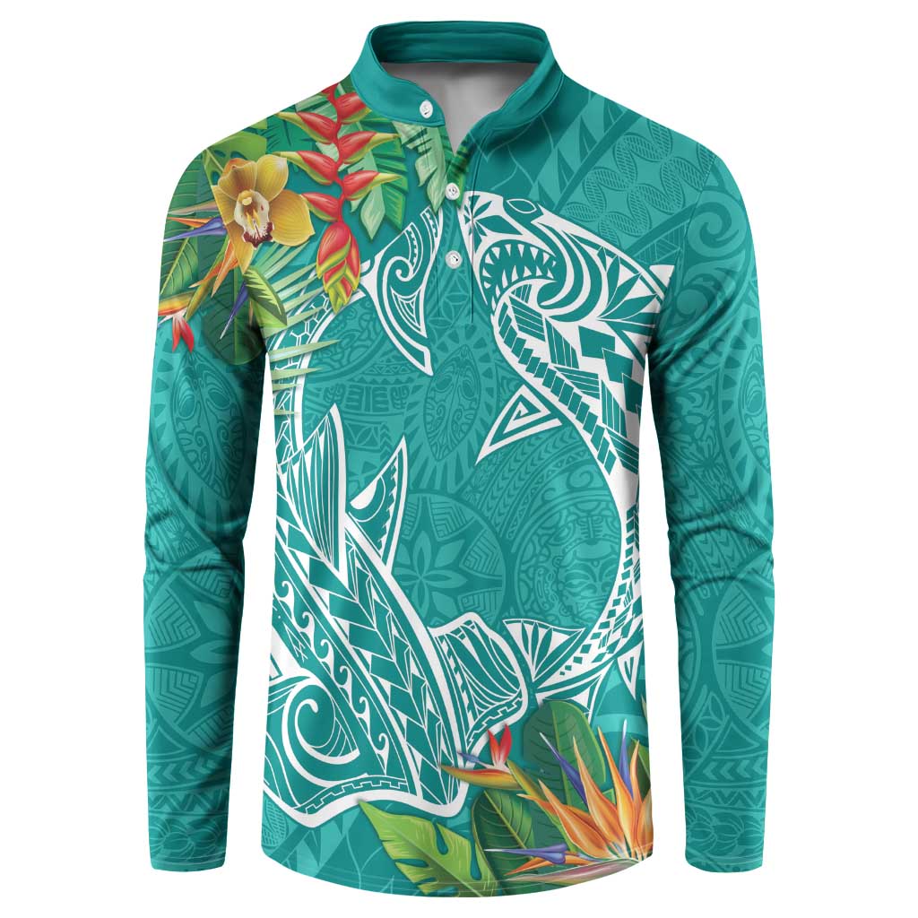 Polynesia Button Sweatshirt Sharks Duo Tropical Teal