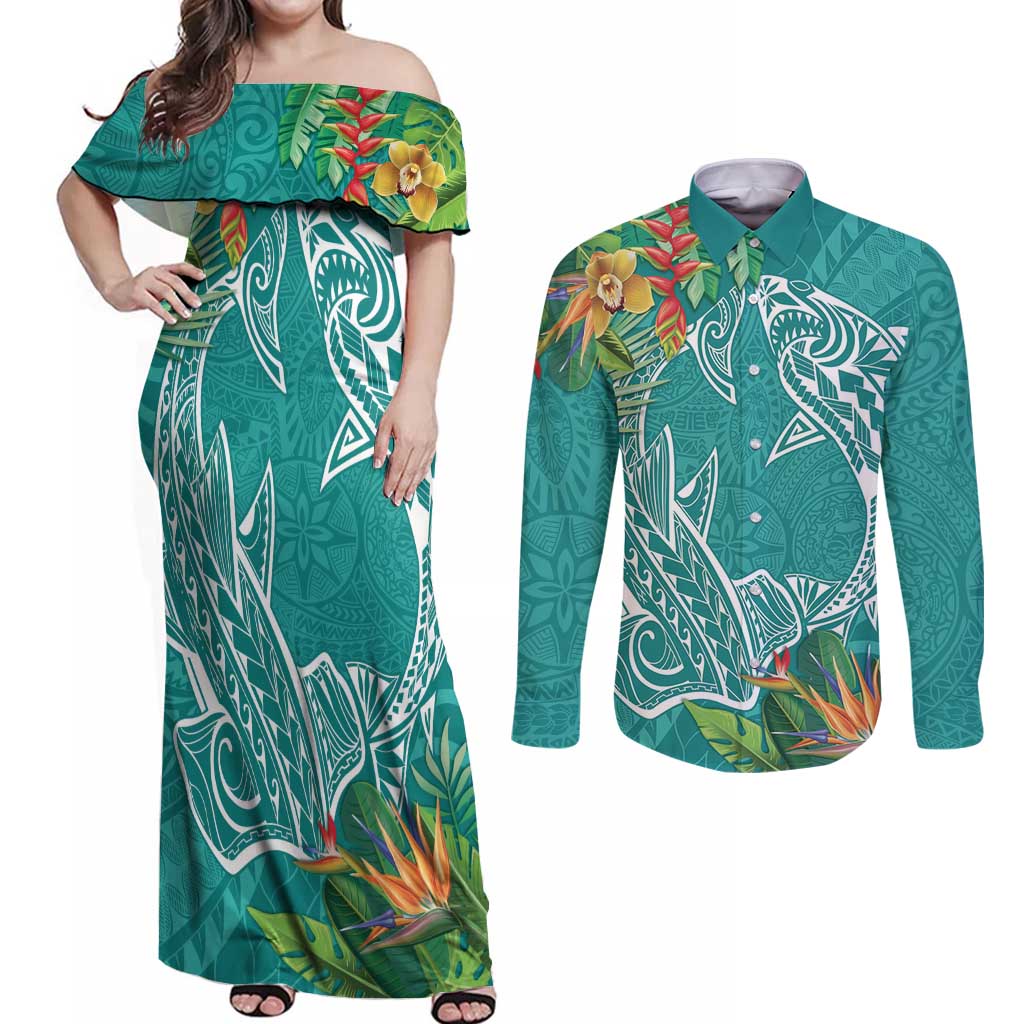 Polynesia Couples Matching Off Shoulder Maxi Dress and Long Sleeve Button Shirt Sharks Duo Tropical Teal