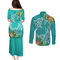Polynesia Couples Matching Puletasi and Long Sleeve Button Shirt Sharks Duo Tropical Teal