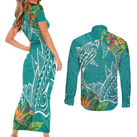 Polynesia Couples Matching Short Sleeve Bodycon Dress and Long Sleeve Button Shirt Sharks Duo Tropical Teal
