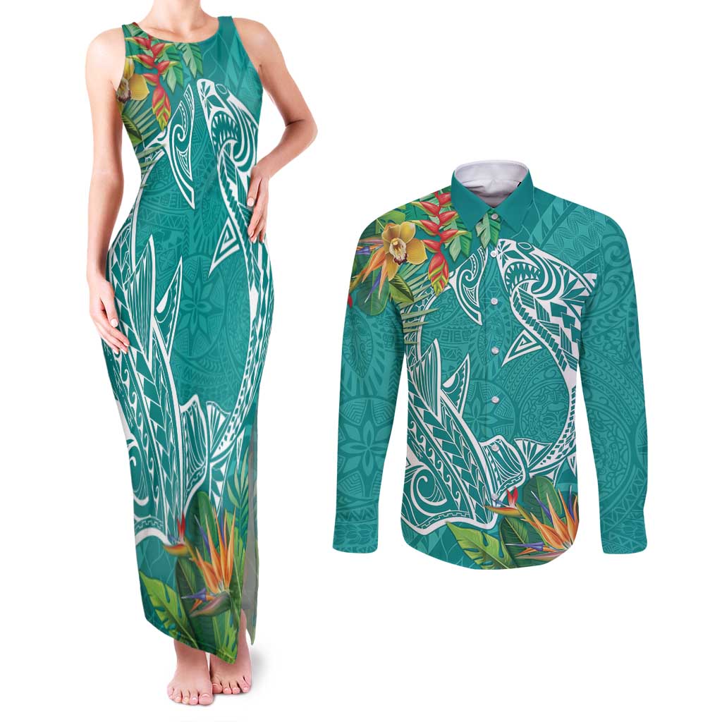 Polynesia Couples Matching Tank Maxi Dress and Long Sleeve Button Shirt Sharks Duo Tropical Teal