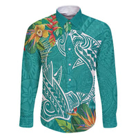 Polynesia Family Matching Long Sleeve Bodycon Dress and Hawaiian Shirt Sharks Duo Tropical Teal
