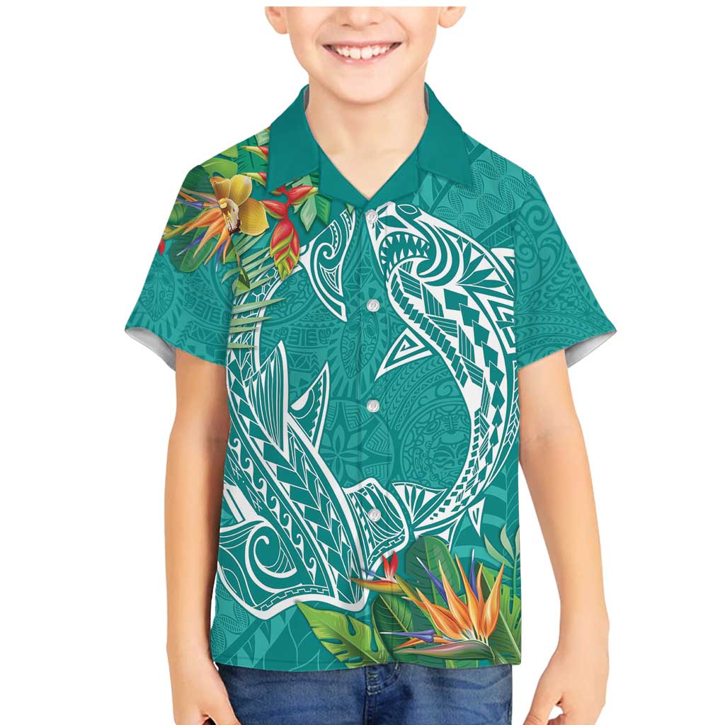 Polynesia Family Matching Mermaid Dress and Hawaiian Shirt Sharks Duo Tropical Teal