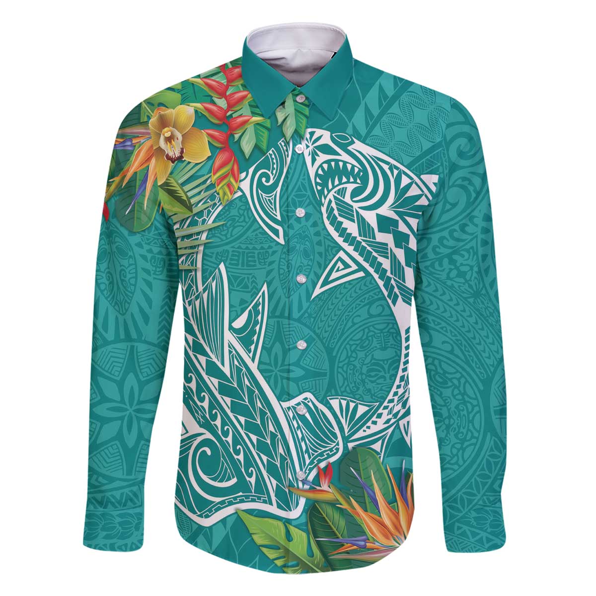 Polynesia Family Matching Off The Shoulder Long Sleeve Dress and Hawaiian Shirt Sharks Duo Tropical Teal