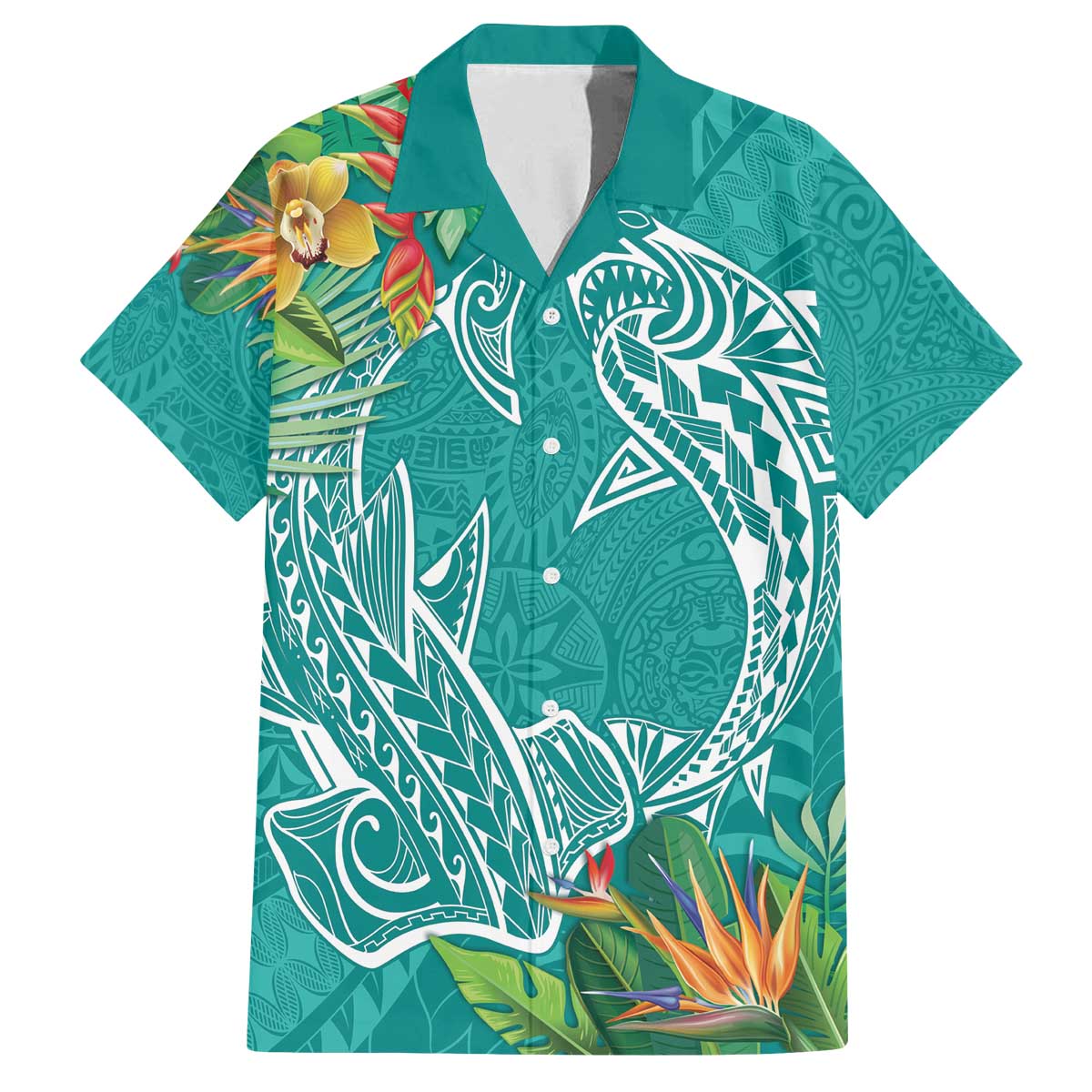 Polynesia Family Matching Off Shoulder Short Dress and Hawaiian Shirt Sharks Duo Tropical Teal
