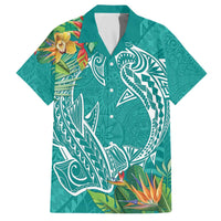 Polynesia Family Matching Puletasi and Hawaiian Shirt Sharks Duo Tropical Teal