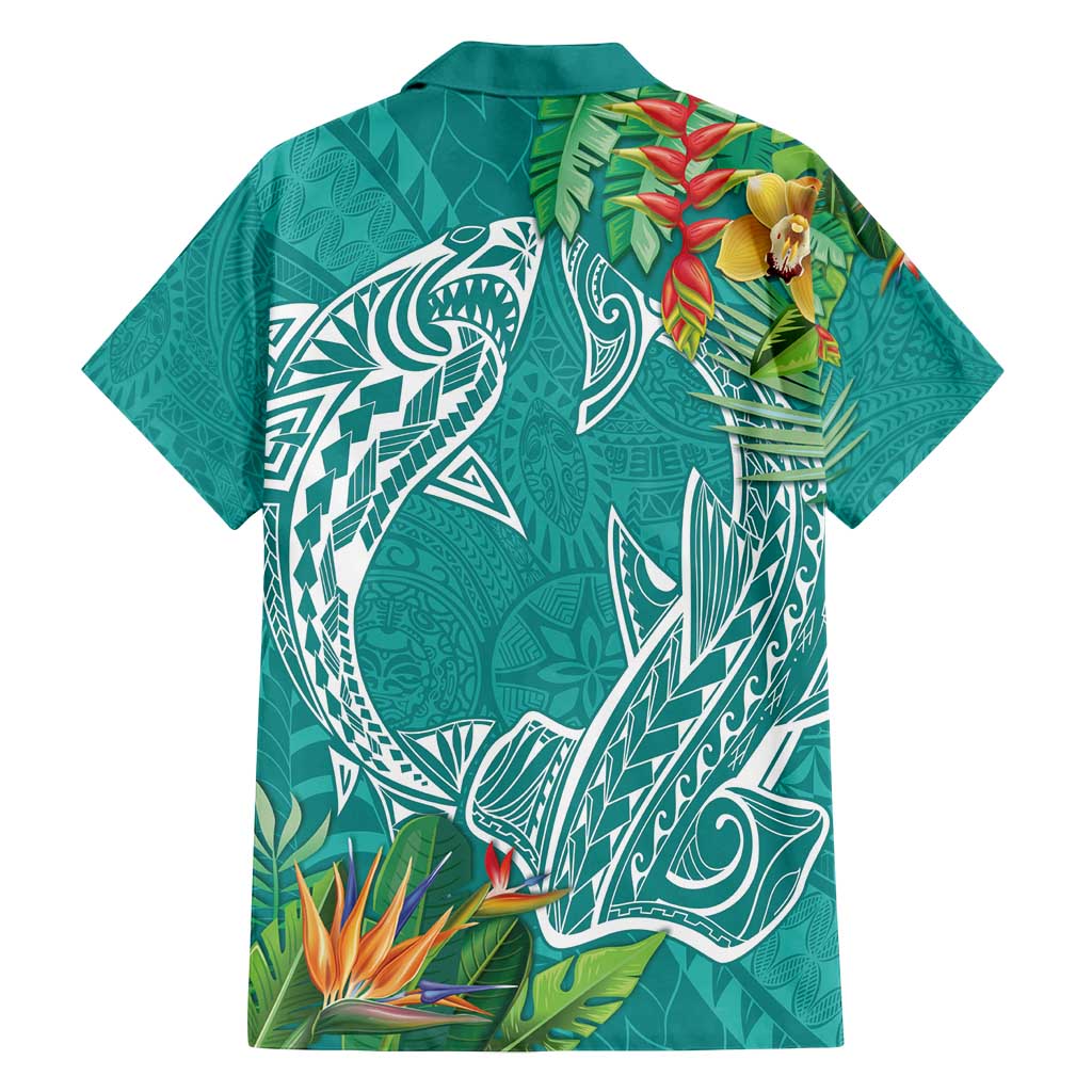 Polynesia Family Matching Tank Maxi Dress and Hawaiian Shirt Sharks Duo Tropical Teal