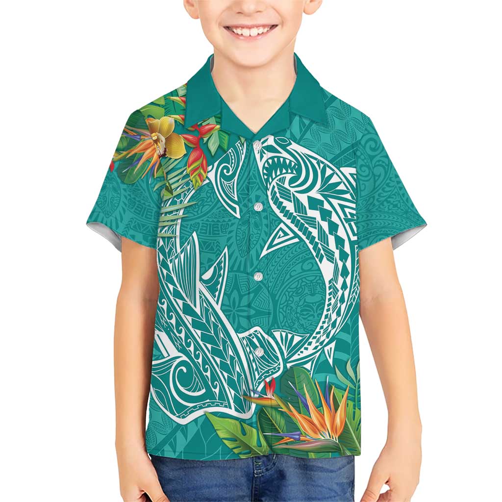 Polynesia Kid Hawaiian Shirt Sharks Duo Tropical Teal