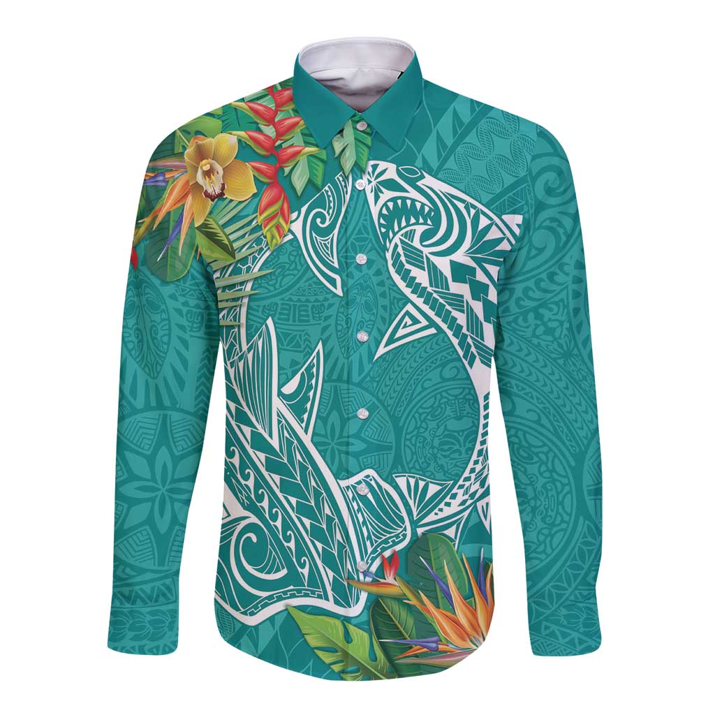 Polynesia Long Sleeve Button Shirt Sharks Duo Tropical Teal LT7 Unisex Teal - Polynesian Pride