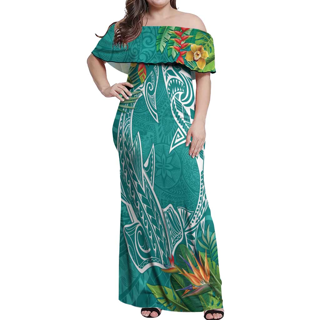 Polynesia Off Shoulder Maxi Dress Sharks Duo Tropical Teal