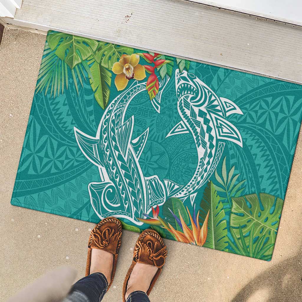 Polynesia Rubber Doormat Sharks Duo Tropical Teal