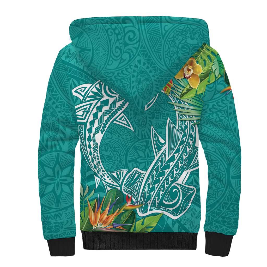 Polynesia Sherpa Hoodie Sharks Duo Tropical Teal