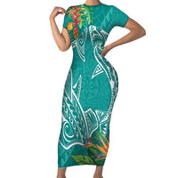 Polynesia Short Sleeve Bodycon Dress Sharks Duo Tropical Teal