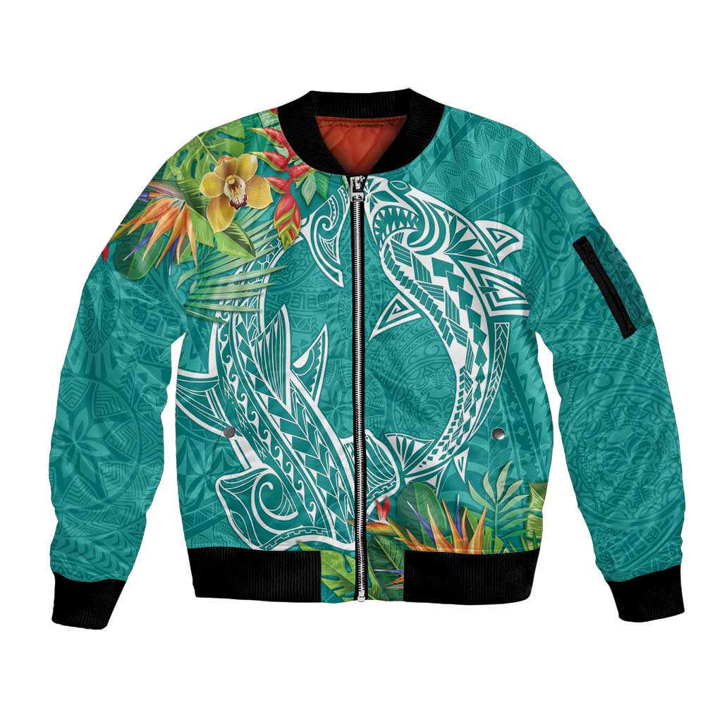 Polynesia Sleeve Zip Bomber Jacket Sharks Duo Tropical Teal