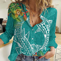 Polynesia Women Casual Shirt Sharks Duo Tropical Teal