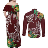 Polynesia Couples Matching Off Shoulder Maxi Dress and Long Sleeve Button Shirt Sharks Duo Tropical Oxblood