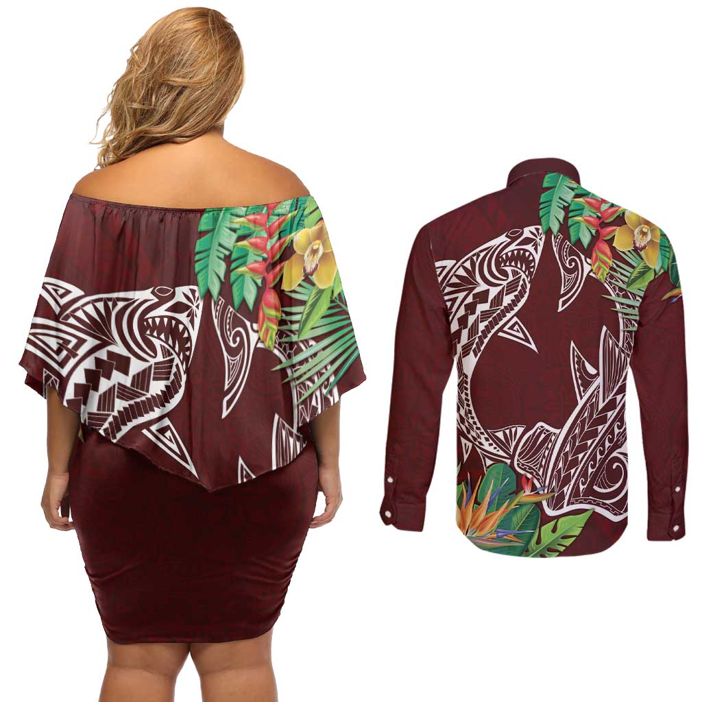 Polynesia Couples Matching Off Shoulder Short Dress and Long Sleeve Button Shirt Sharks Duo Tropical Oxblood