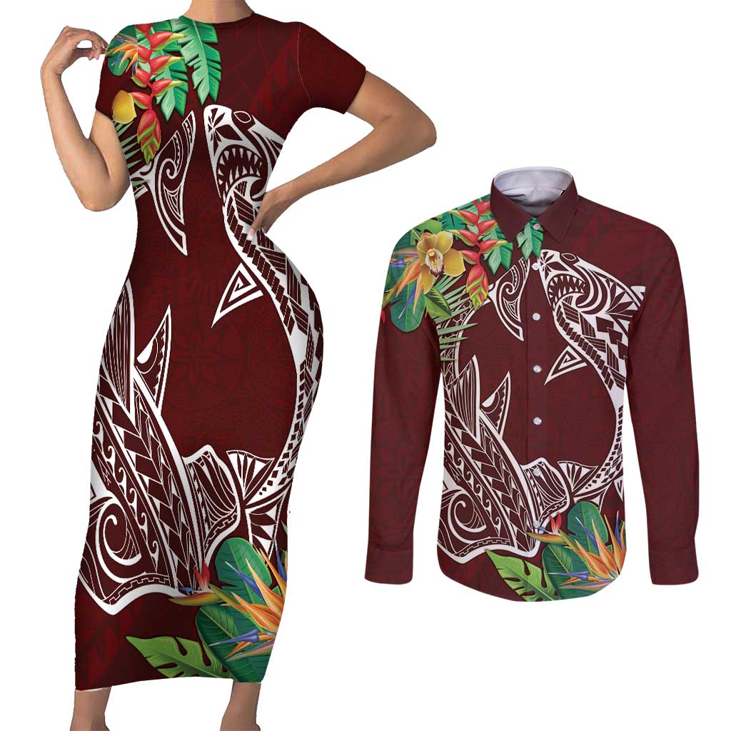 Polynesia Couples Matching Short Sleeve Bodycon Dress and Long Sleeve Button Shirt Sharks Duo Tropical Oxblood