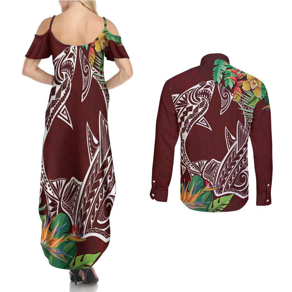 Polynesia Couples Matching Summer Maxi Dress and Long Sleeve Button Shirt Sharks Duo Tropical Oxblood