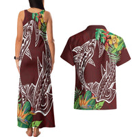 Polynesia Couples Matching Tank Maxi Dress and Hawaiian Shirt Sharks Duo Tropical Oxblood